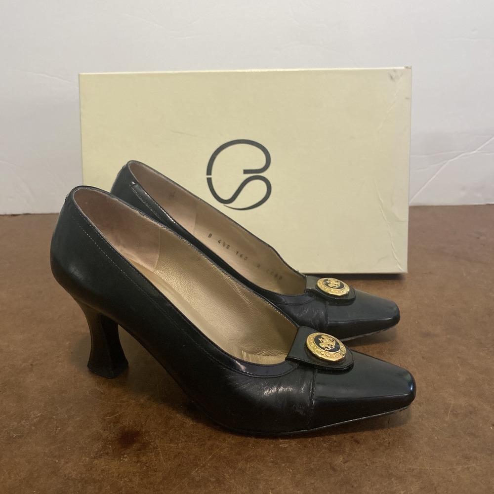 St.John Shoes 4 1/2 B Black Made In Italy Adena Pumps Patent Cap Toe Leather Log